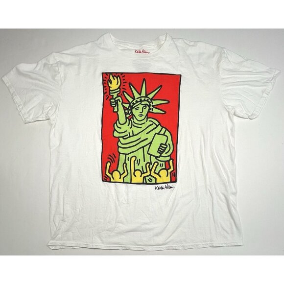 KEITH HARING Mens XXL White S/S Graphic T-SHIRT Statue of Liberty NYC Art EUC - Picture 1 of 7